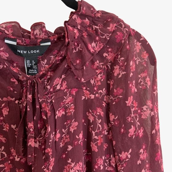 Frill Neck Chiffon Smock Floral Mini Dress - Picture 3 of 8